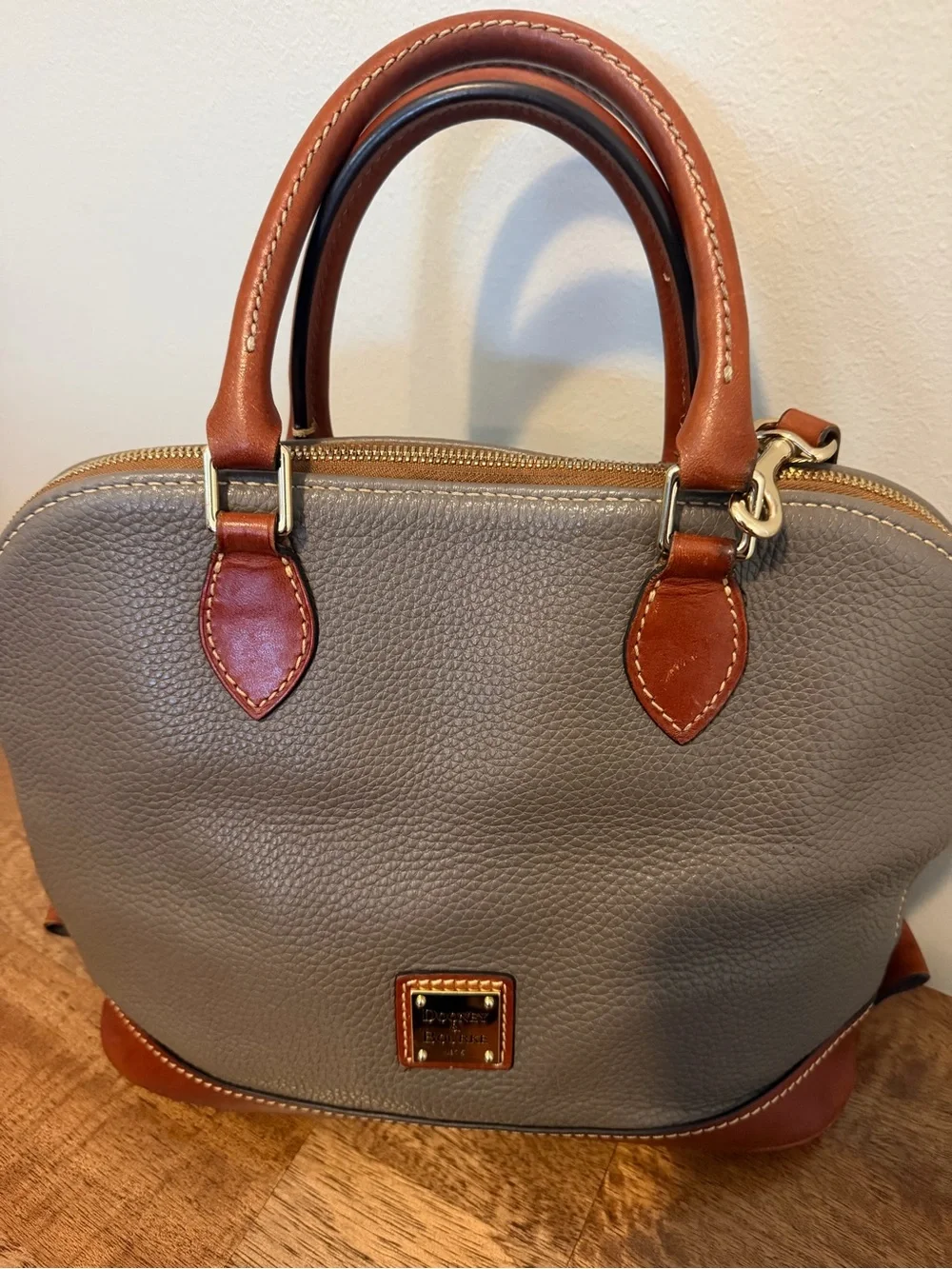Dooney & Bourke Pebble Grain Zip Zip Satchel with Brown Trim
